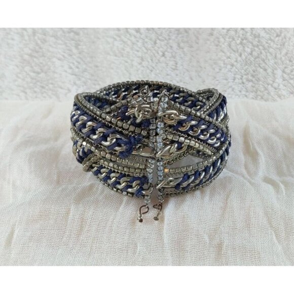 Bracelet Weave TriBand Memory Wire Blue Thread Silver Chain Beads Boho Cottage - Picture 5 of 9